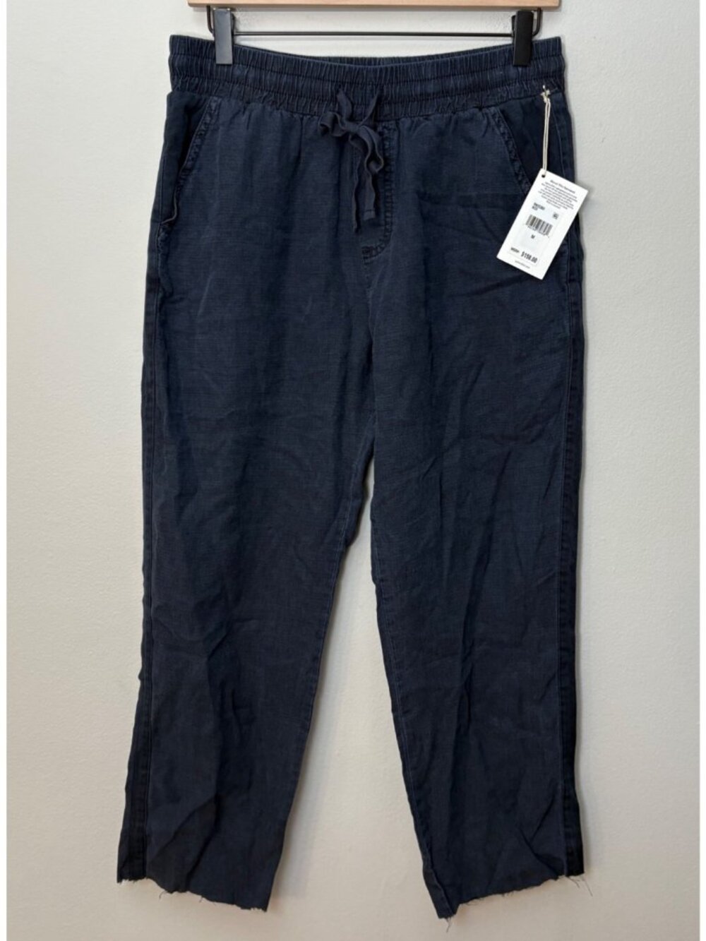 NEW Splendid Linen-Blend Pull-On Adjustable Cropped Raw Hem Navy Pants Medium